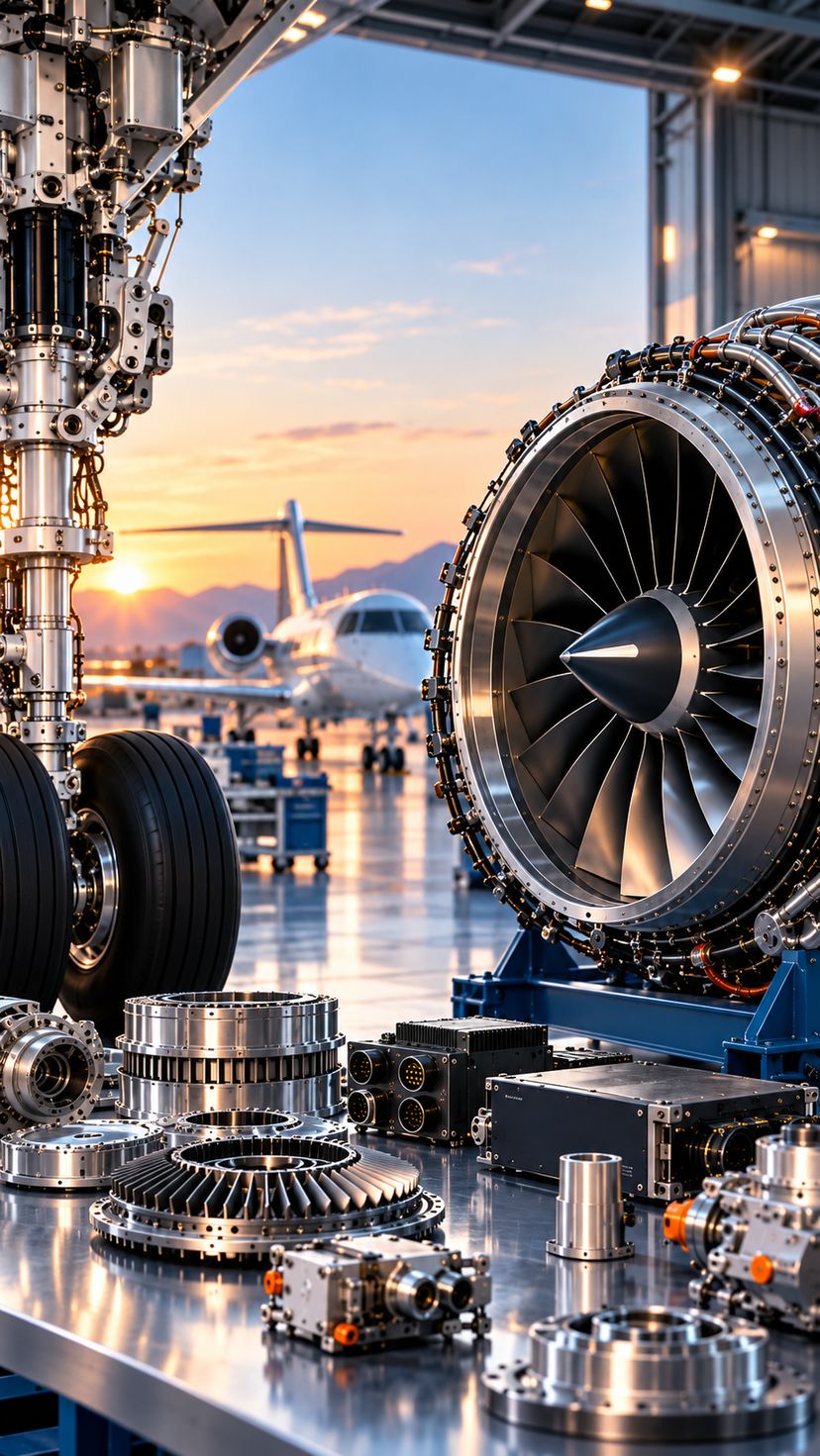 Aircraft rotable components laid out on a workbench — turbine disc, bearing housings, avionics line replaceable units and a jet engine fan assembly