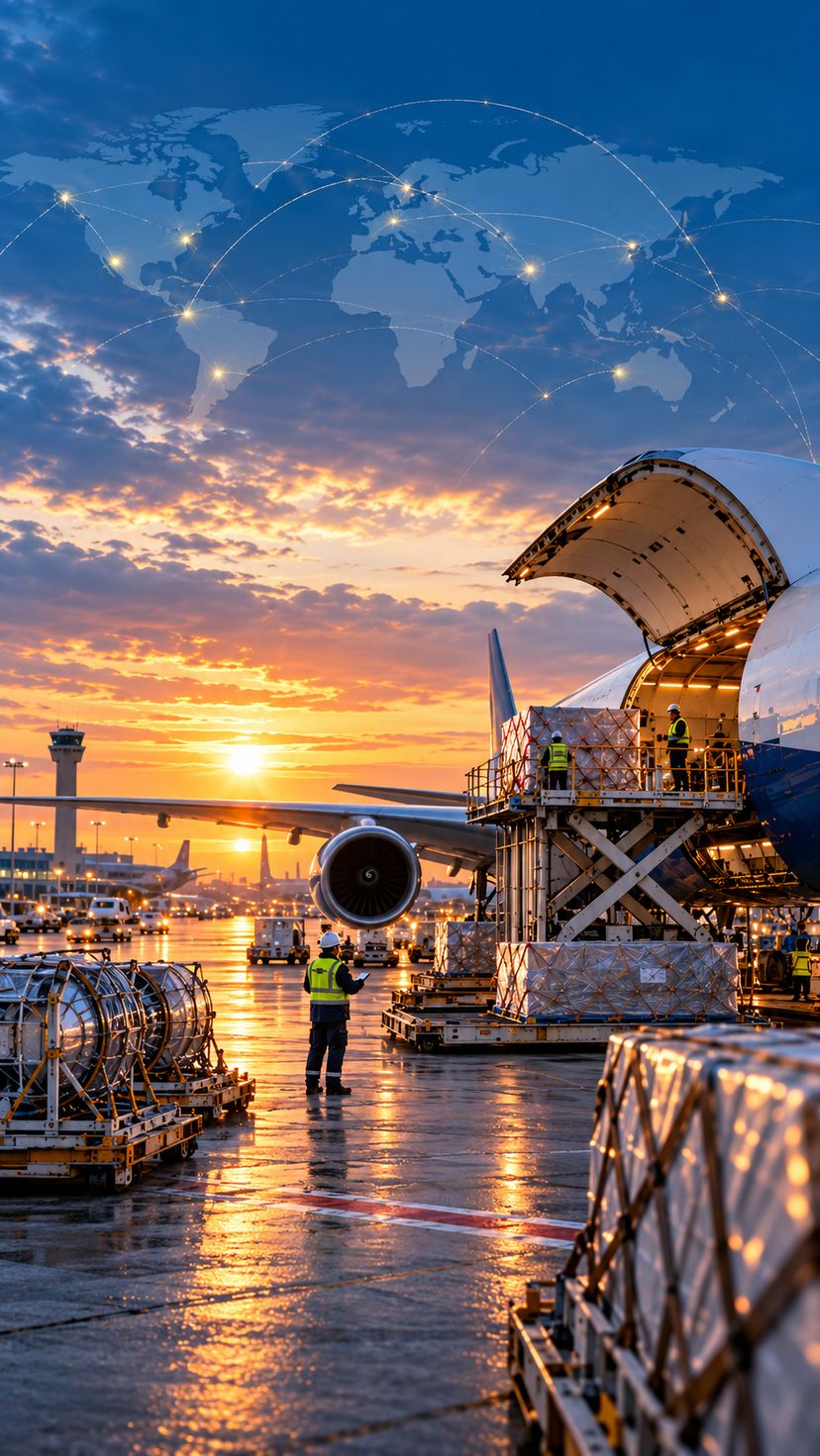 Aircraft components and freight being loaded onto a cargo aircraft at dusk, with a world map of international supply routes overlaid on the sky
