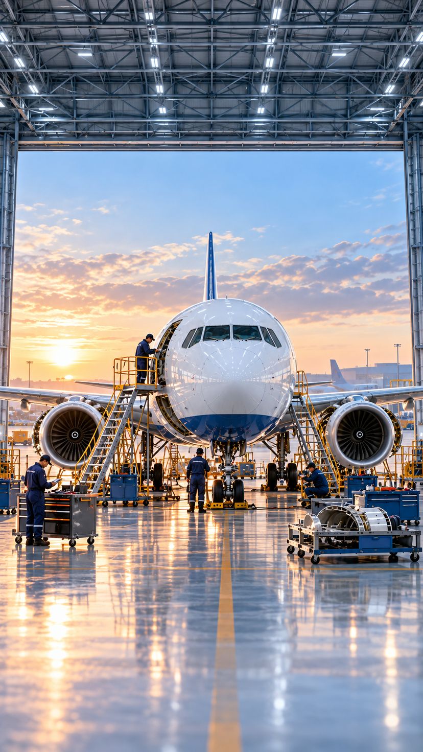 Maintenance engineers working on a commercial aircraft in a hangar, with engine cowlings open and component stands positioned alongside