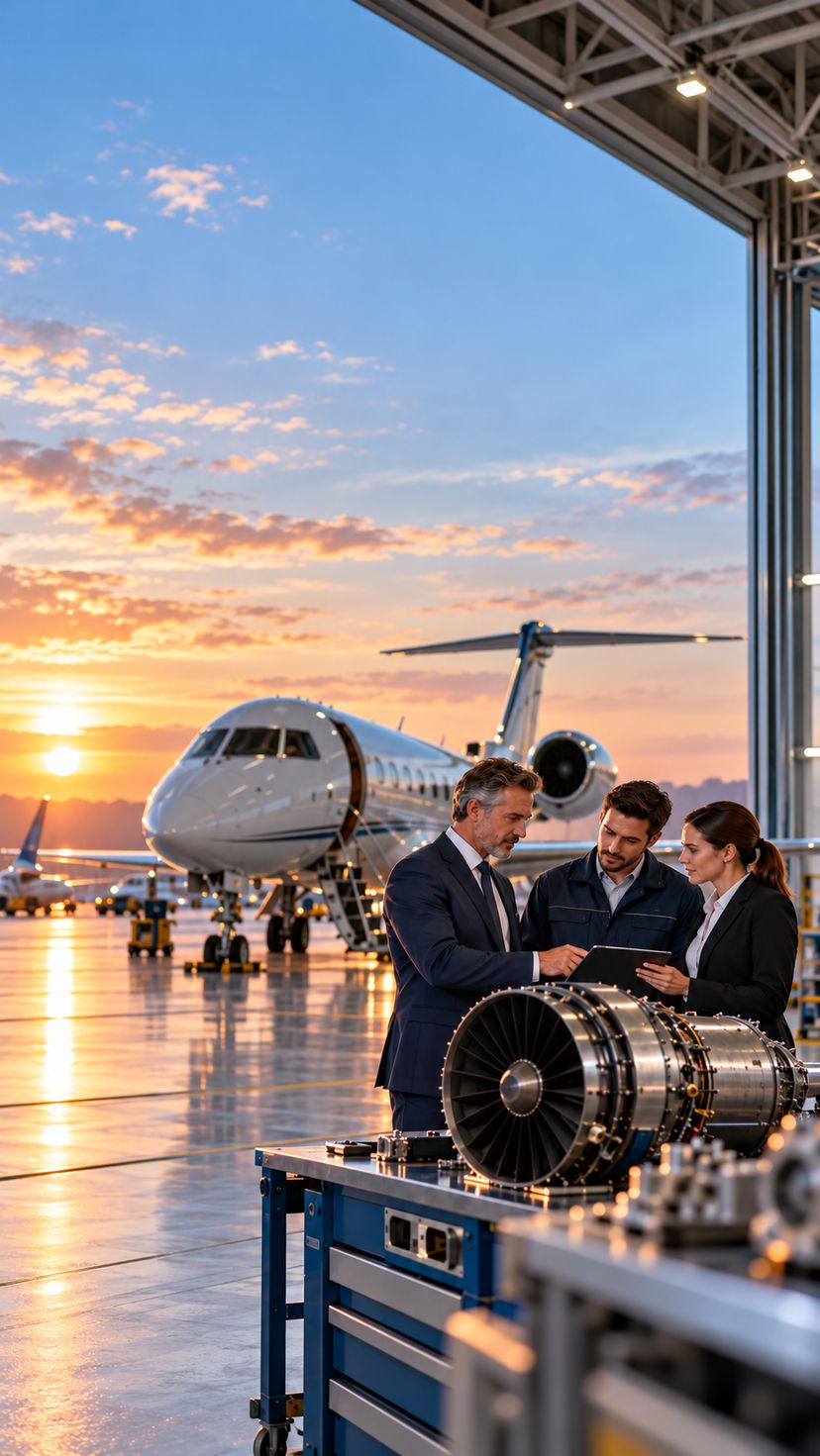A Quick Jet Services representative reviewing component details on a tablet with two aviation customers beside a jet engine in a hangar at sunset