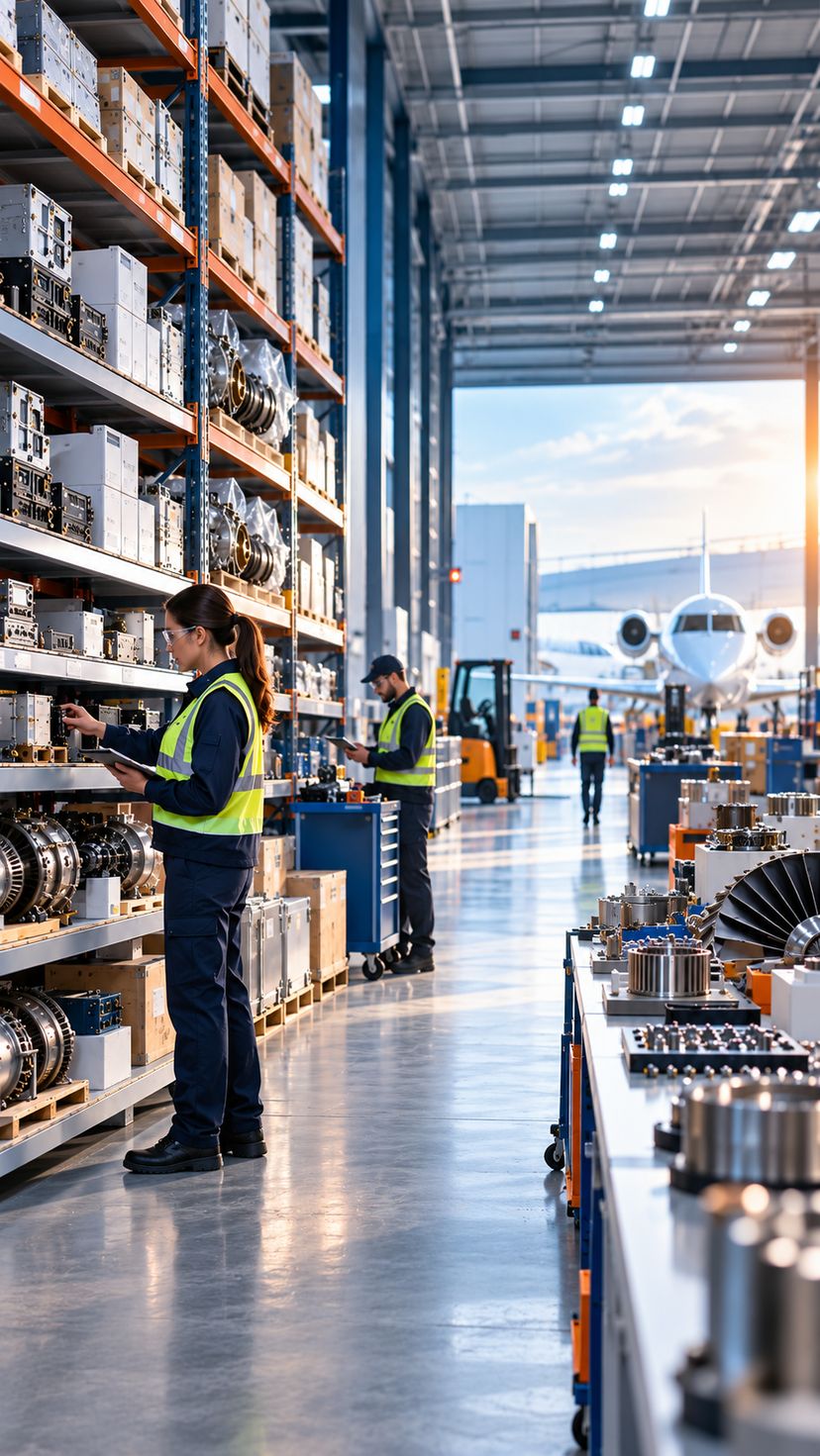 Quick Jet Services technicians checking rotable aircraft components on racking inside an aviation parts distribution warehouse